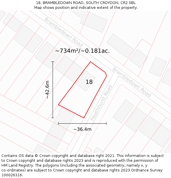 18, BRAMBLEDOWN ROAD, SOUTH CROYDON, CR2 0BL: Plot and title map