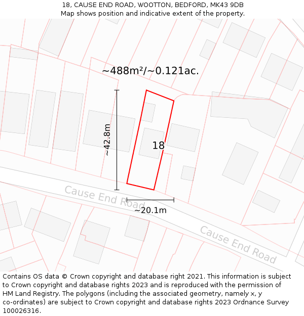 18, CAUSE END ROAD, WOOTTON, BEDFORD, MK43 9DB: Plot and title map