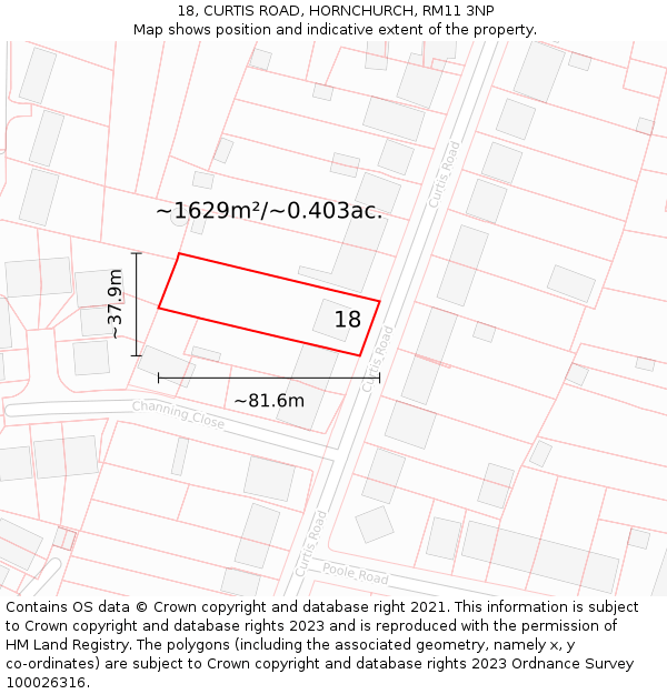 18, CURTIS ROAD, HORNCHURCH, RM11 3NP: Plot and title map