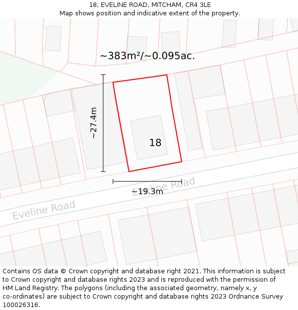 18, EVELINE ROAD, MITCHAM, CR4 3LE: Plot and title map