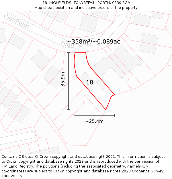 18, HIGHFIELDS, TONYREFAIL, PORTH, CF39 8GA: Plot and title map