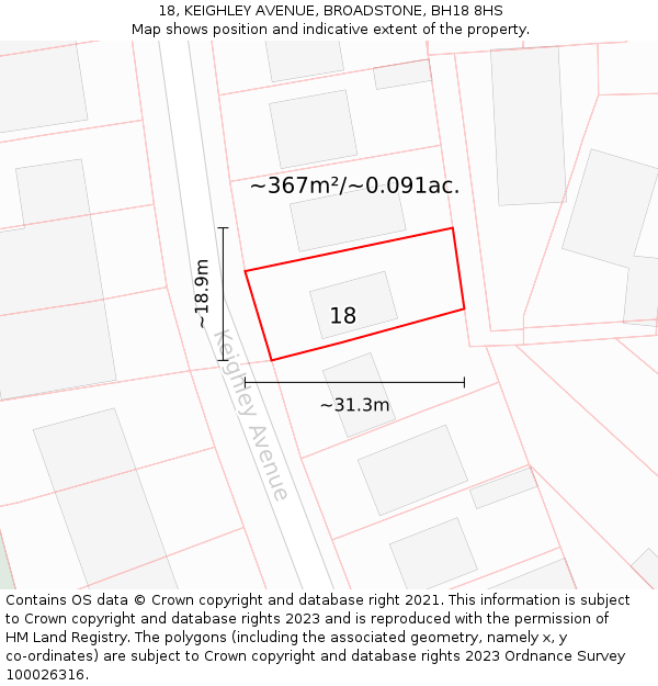 18, KEIGHLEY AVENUE, BROADSTONE, BH18 8HS: Plot and title map