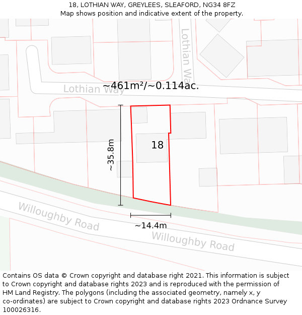 18, LOTHIAN WAY, GREYLEES, SLEAFORD, NG34 8FZ: Plot and title map