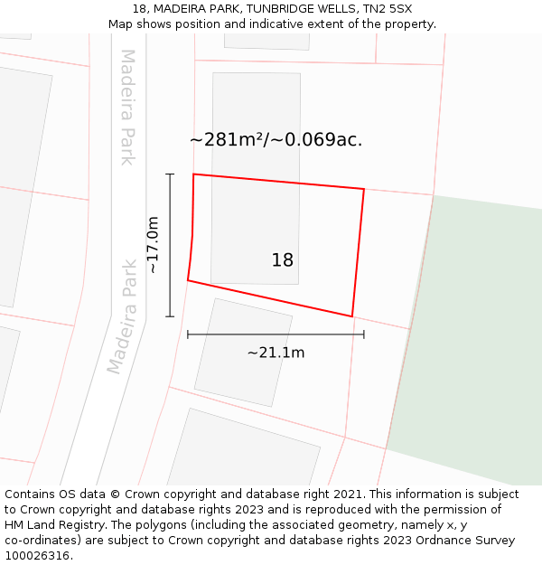 18, MADEIRA PARK, TUNBRIDGE WELLS, TN2 5SX: Plot and title map