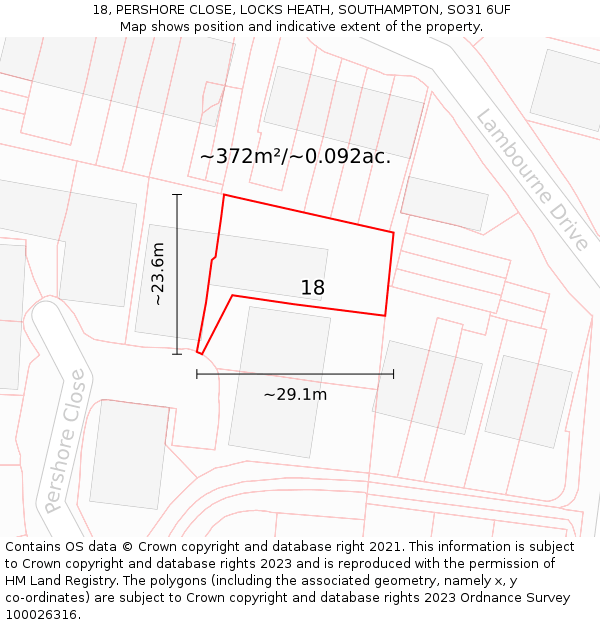 18, PERSHORE CLOSE, LOCKS HEATH, SOUTHAMPTON, SO31 6UF: Plot and title map