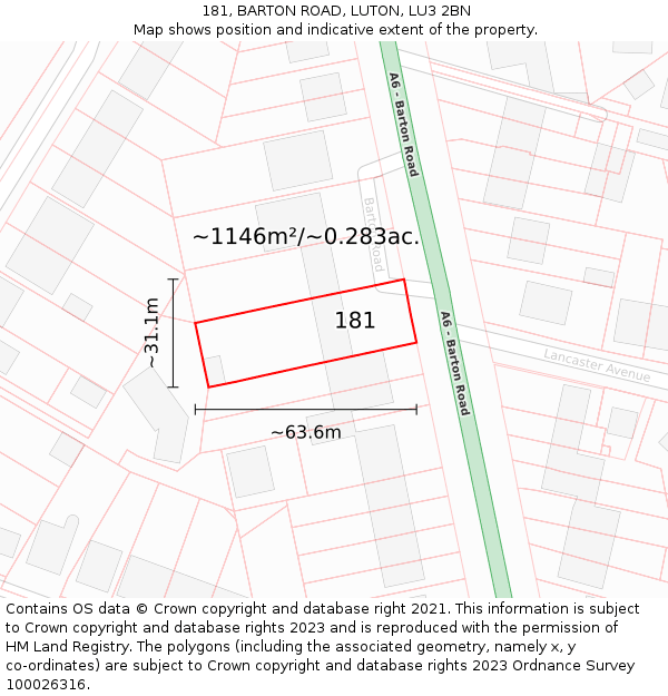 181, BARTON ROAD, LUTON, LU3 2BN: Plot and title map