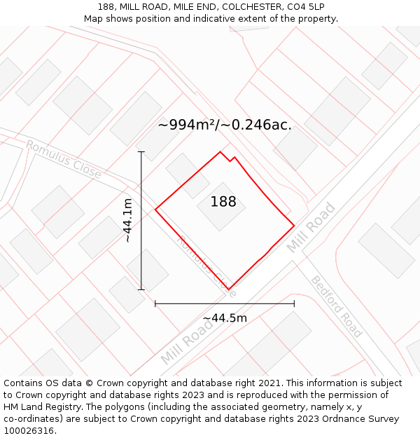 188, MILL ROAD, MILE END, COLCHESTER, CO4 5LP: Plot and title map