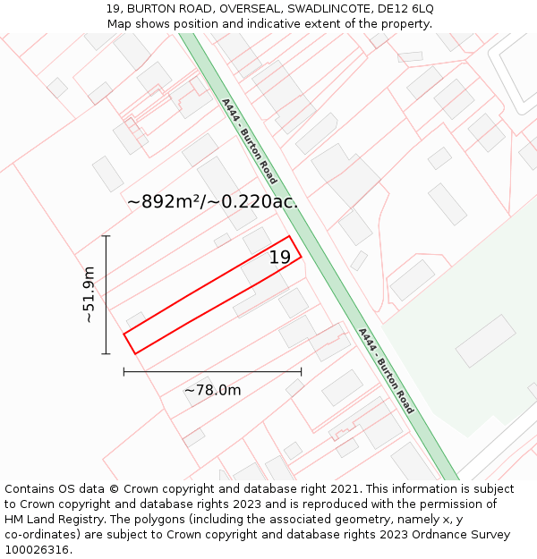 19, BURTON ROAD, OVERSEAL, SWADLINCOTE, DE12 6LQ: Plot and title map