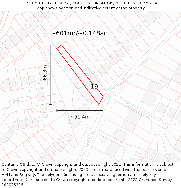 19, CARTER LANE WEST, SOUTH NORMANTON, ALFRETON, DE55 2DX: Plot and title map