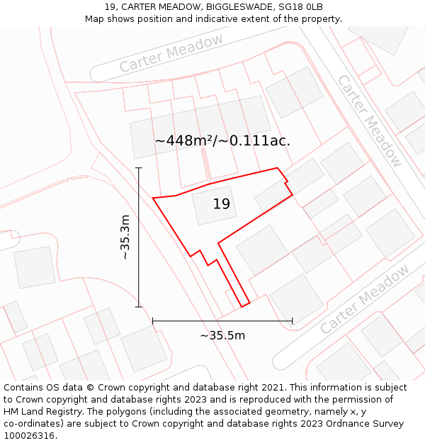 19, CARTER MEADOW, BIGGLESWADE, SG18 0LB: Plot and title map