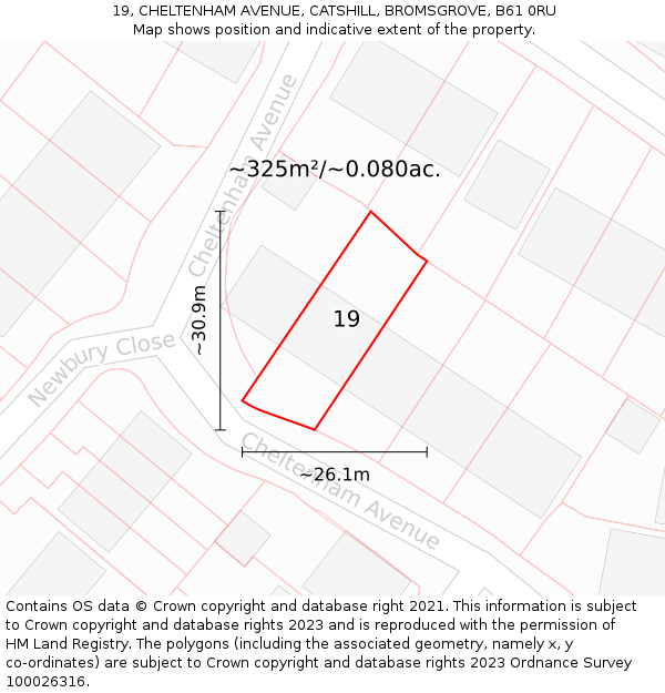 19, CHELTENHAM AVENUE, CATSHILL, BROMSGROVE, B61 0RU: Plot and title map