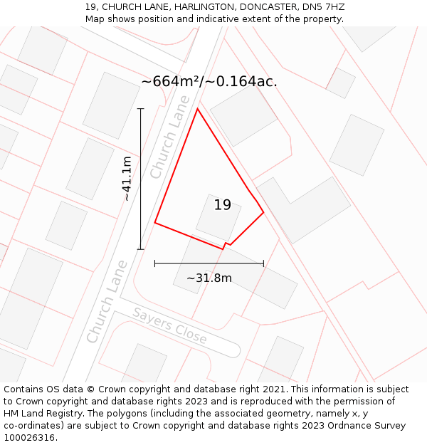 19, CHURCH LANE, HARLINGTON, DONCASTER, DN5 7HZ: Plot and title map