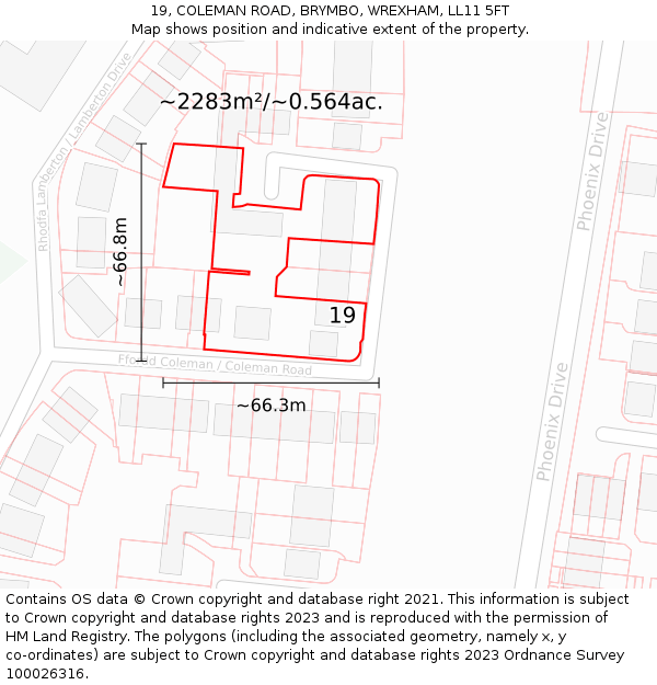 19, COLEMAN ROAD, BRYMBO, WREXHAM, LL11 5FT: Plot and title map