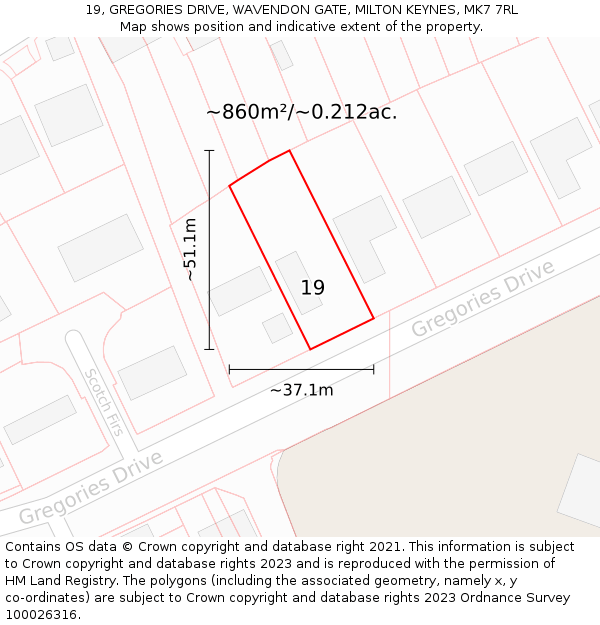 19, GREGORIES DRIVE, WAVENDON GATE, MILTON KEYNES, MK7 7RL: Plot and title map