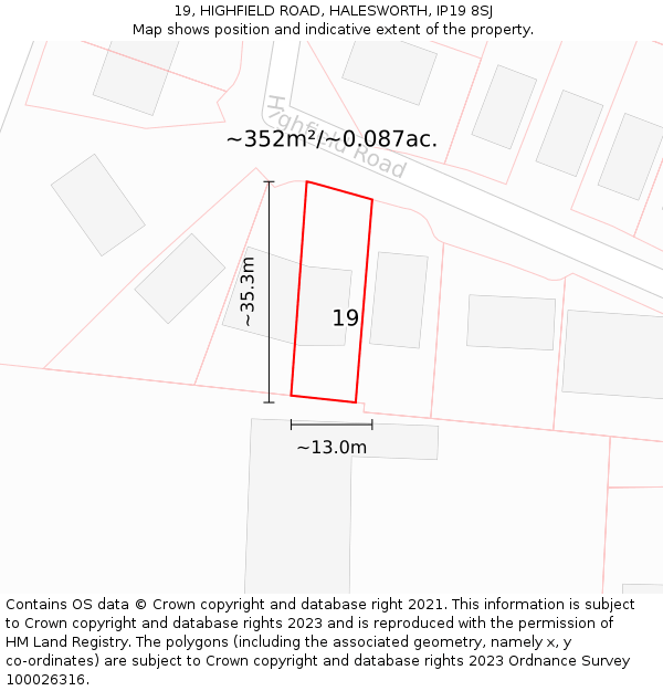 19, HIGHFIELD ROAD, HALESWORTH, IP19 8SJ: Plot and title map