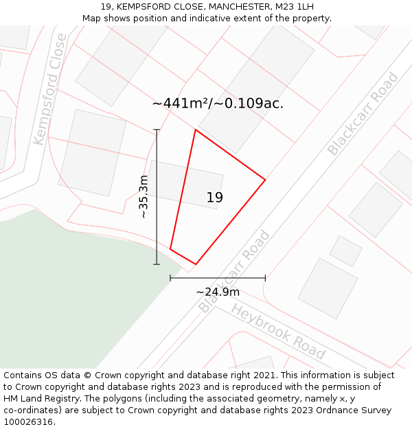 19, KEMPSFORD CLOSE, MANCHESTER, M23 1LH: Plot and title map