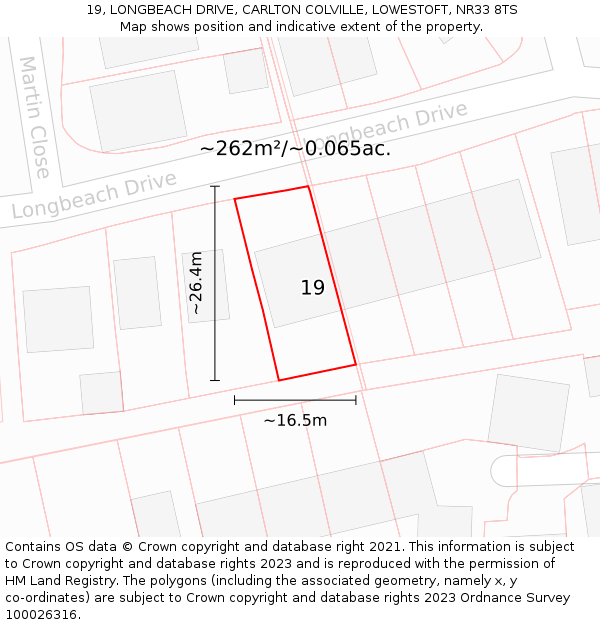 19, LONGBEACH DRIVE, CARLTON COLVILLE, LOWESTOFT, NR33 8TS: Plot and title map