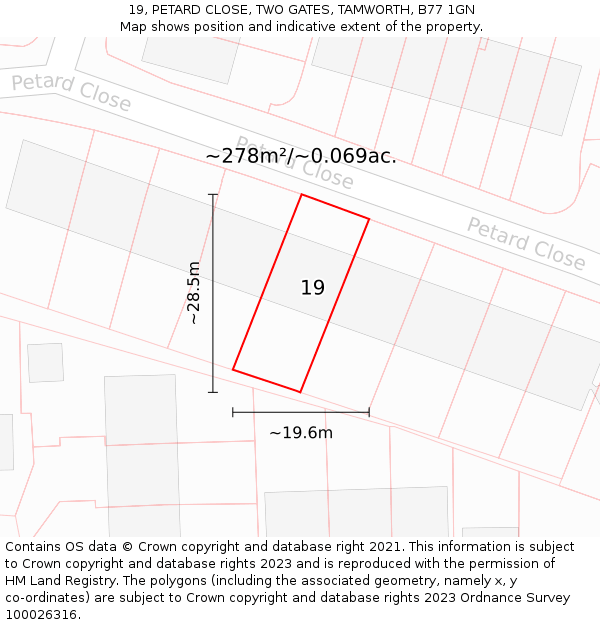 19, PETARD CLOSE, TWO GATES, TAMWORTH, B77 1GN: Plot and title map