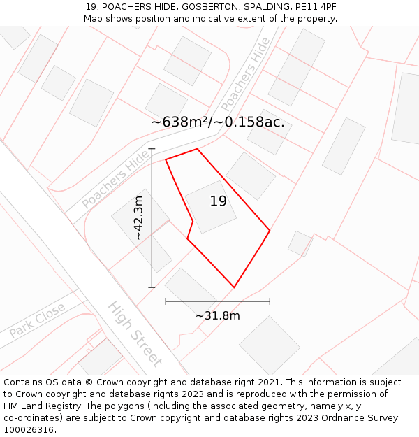 19, POACHERS HIDE, GOSBERTON, SPALDING, PE11 4PF: Plot and title map