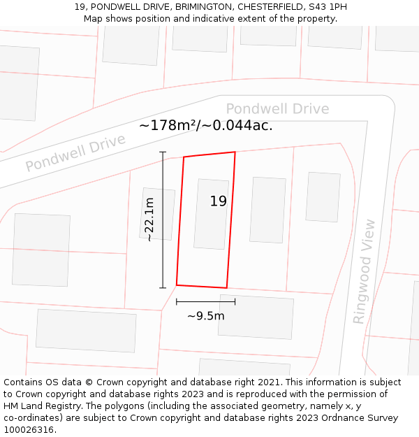 19, PONDWELL DRIVE, BRIMINGTON, CHESTERFIELD, S43 1PH: Plot and title map