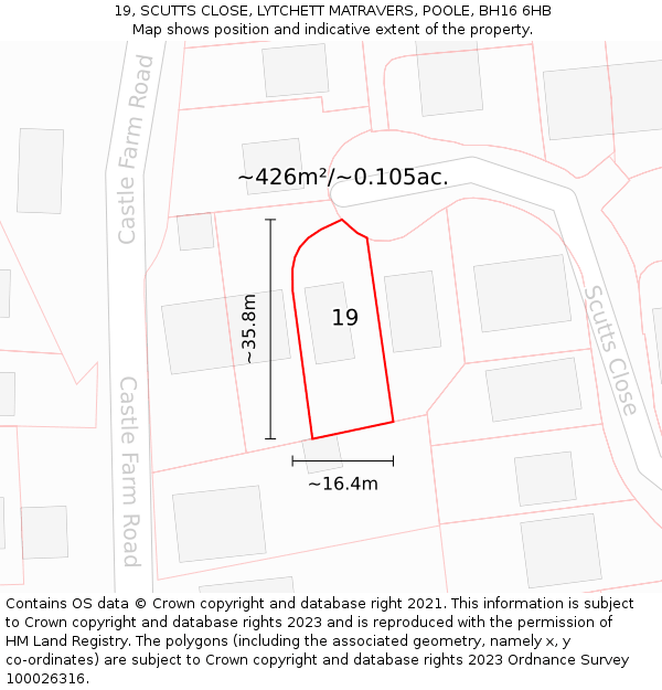 19, SCUTTS CLOSE, LYTCHETT MATRAVERS, POOLE, BH16 6HB: Plot and title map