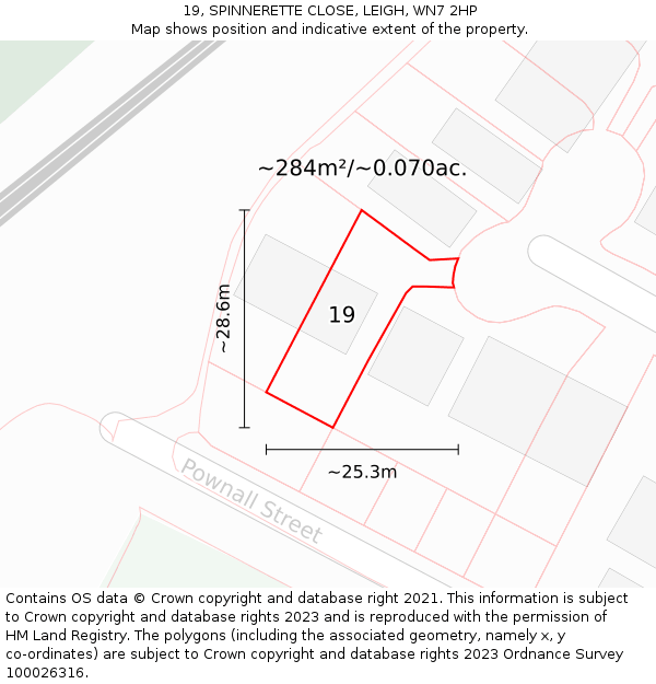 19, SPINNERETTE CLOSE, LEIGH, WN7 2HP: Plot and title map