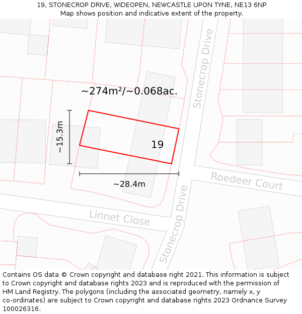 19, STONECROP DRIVE, WIDEOPEN, NEWCASTLE UPON TYNE, NE13 6NP: Plot and title map