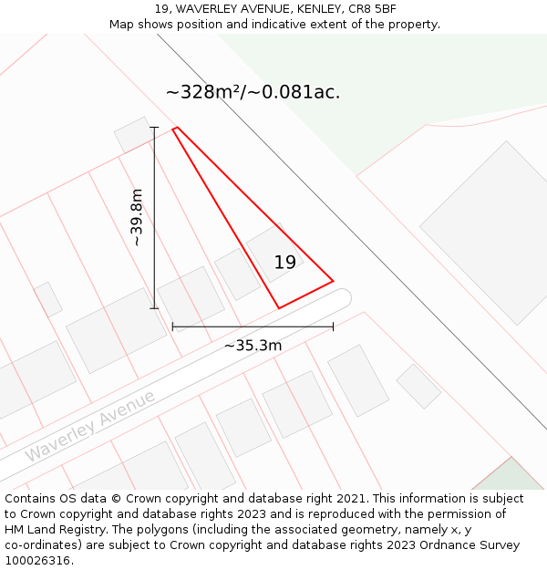 19, WAVERLEY AVENUE, KENLEY, CR8 5BF: Plot and title map