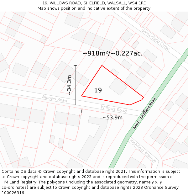 19, WILLOWS ROAD, SHELFIELD, WALSALL, WS4 1RD: Plot and title map