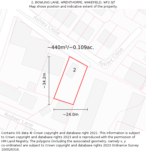 2, BOWLING LANE, WRENTHORPE, WAKEFIELD, WF2 0JT: Plot and title map
