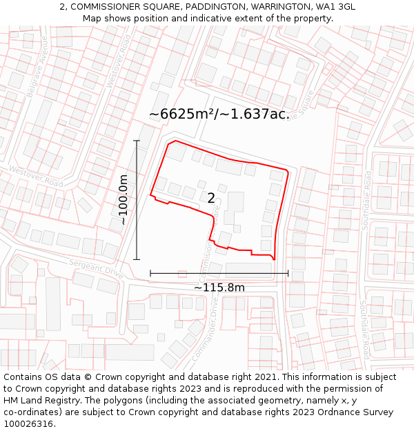 2, COMMISSIONER SQUARE, PADDINGTON, WARRINGTON, WA1 3GL: Plot and title map