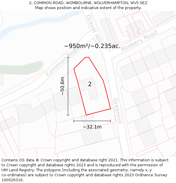 2, COMMON ROAD, WOMBOURNE, WOLVERHAMPTON, WV5 0EZ: Plot and title map