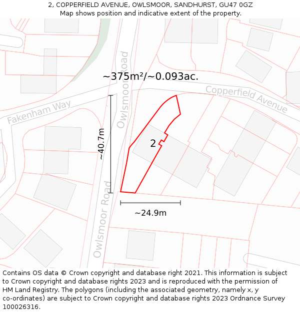 2, COPPERFIELD AVENUE, OWLSMOOR, SANDHURST, GU47 0GZ: Plot and title map