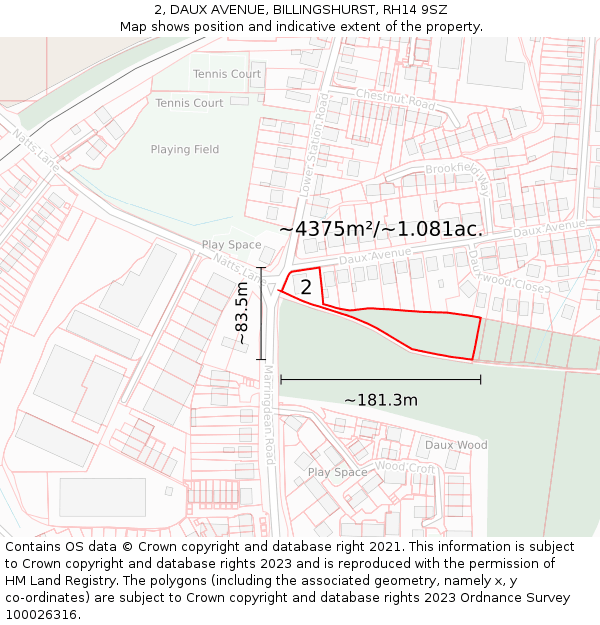 2, DAUX AVENUE, BILLINGSHURST, RH14 9SZ: Plot and title map