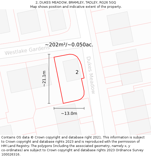 2, DUKES MEADOW, BRAMLEY, TADLEY, RG26 5GQ: Plot and title map