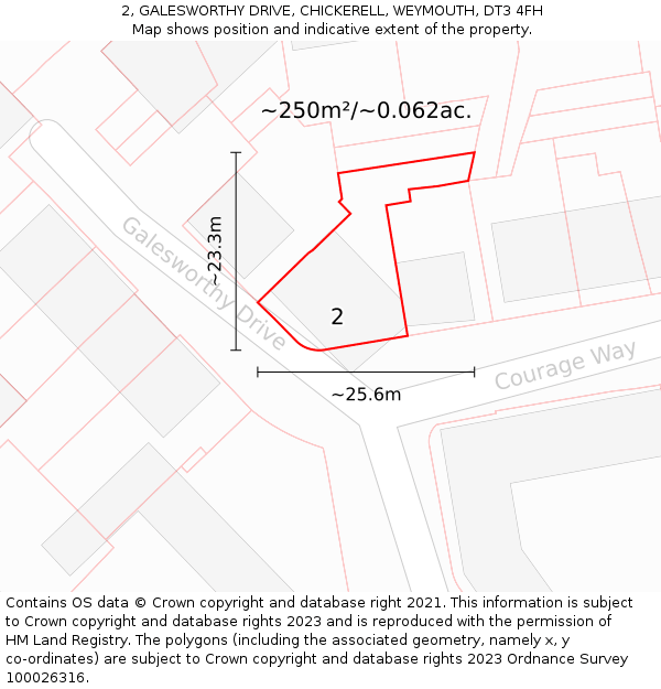 2, GALESWORTHY DRIVE, CHICKERELL, WEYMOUTH, DT3 4FH: Plot and title map