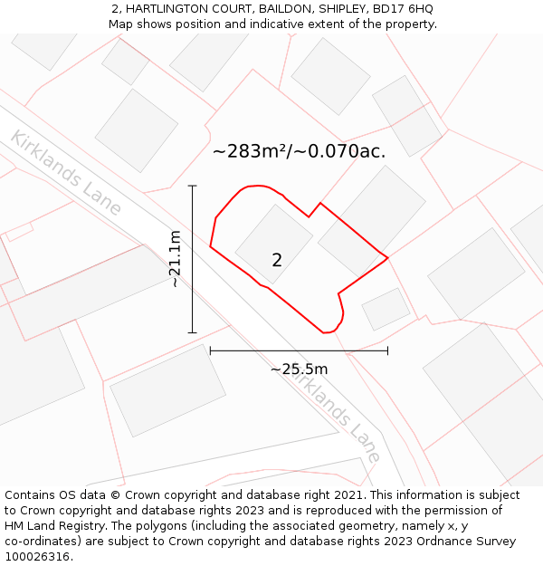 2, HARTLINGTON COURT, BAILDON, SHIPLEY, BD17 6HQ: Plot and title map