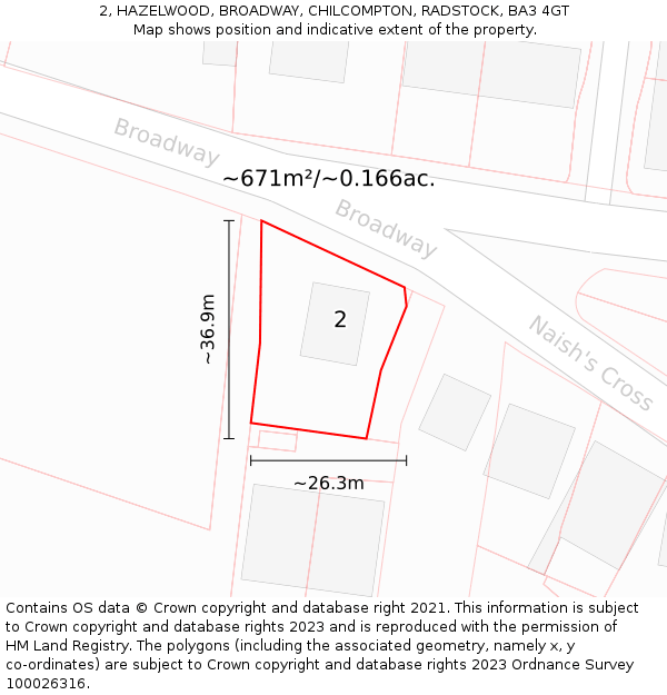 2, HAZELWOOD, BROADWAY, CHILCOMPTON, RADSTOCK, BA3 4GT: Plot and title map