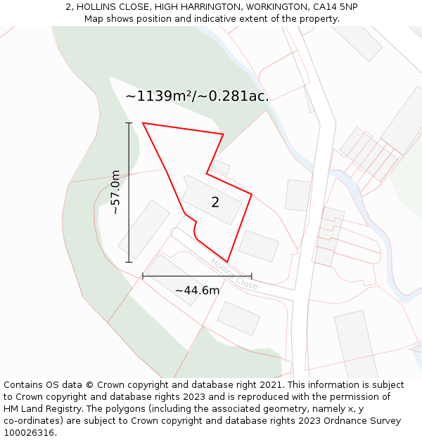 2, HOLLINS CLOSE, HIGH HARRINGTON, WORKINGTON, CA14 5NP: Plot and title map