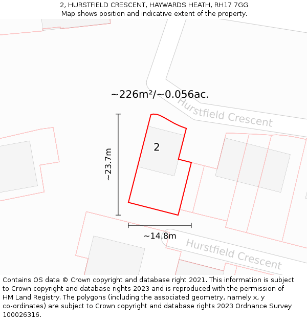 2, HURSTFIELD CRESCENT, HAYWARDS HEATH, RH17 7GG: Plot and title map