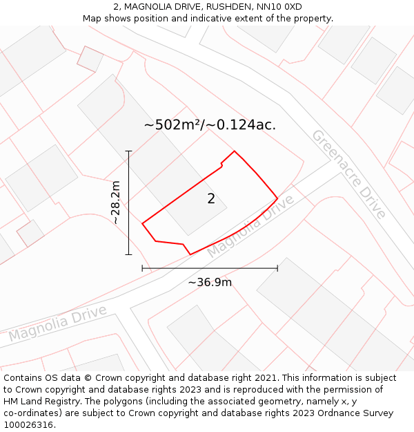 2, MAGNOLIA DRIVE, RUSHDEN, NN10 0XD: Plot and title map