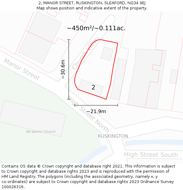 2, MANOR STREET, RUSKINGTON, SLEAFORD, NG34 9EJ: Plot and title map