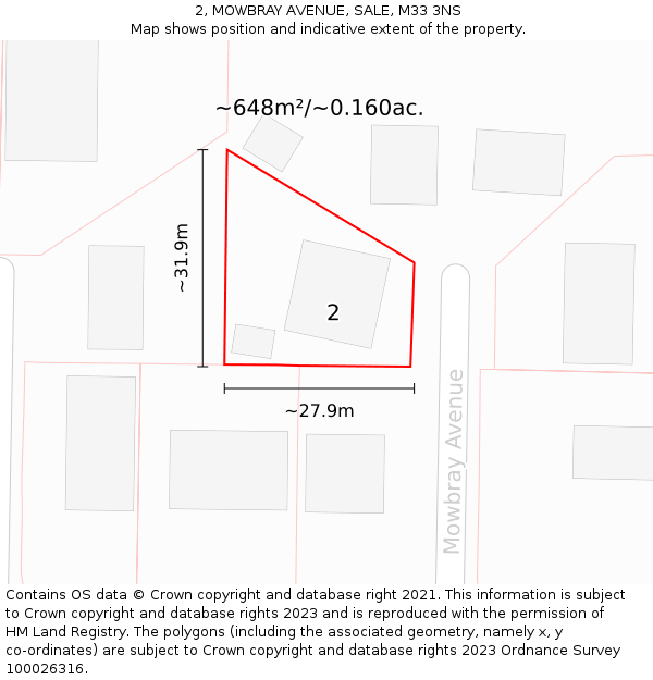 2, MOWBRAY AVENUE, SALE, M33 3NS: Plot and title map