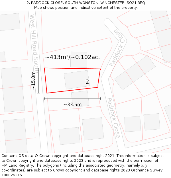 2, PADDOCK CLOSE, SOUTH WONSTON, WINCHESTER, SO21 3EQ: Plot and title map