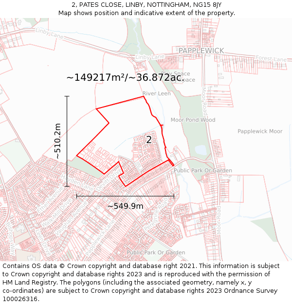 2, PATES CLOSE, LINBY, NOTTINGHAM, NG15 8JY: Plot and title map