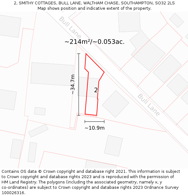 2, SMITHY COTTAGES, BULL LANE, WALTHAM CHASE, SOUTHAMPTON, SO32 2LS: Plot and title map