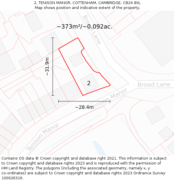 2, TENISON MANOR, COTTENHAM, CAMBRIDGE, CB24 8XL: Plot and title map