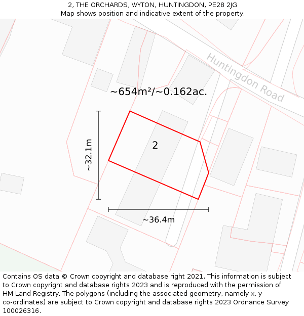 2, THE ORCHARDS, WYTON, HUNTINGDON, PE28 2JG: Plot and title map