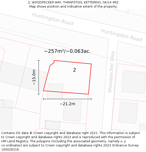 2, WOODPECKER WAY, THRAPSTON, KETTERING, NN14 4RZ: Plot and title map