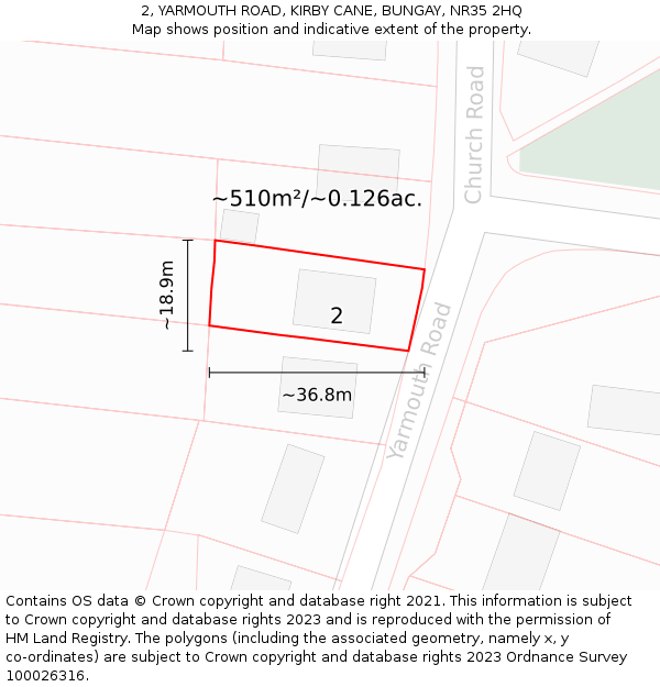 2, YARMOUTH ROAD, KIRBY CANE, BUNGAY, NR35 2HQ: Plot and title map